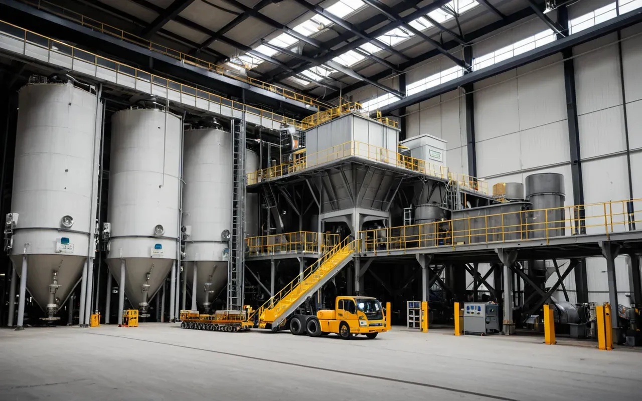 disciplined production A modern concrete batching plant assembly line showing organized component staging and quality inspection stations under clean industrial lighting with workers reviewing documentation.