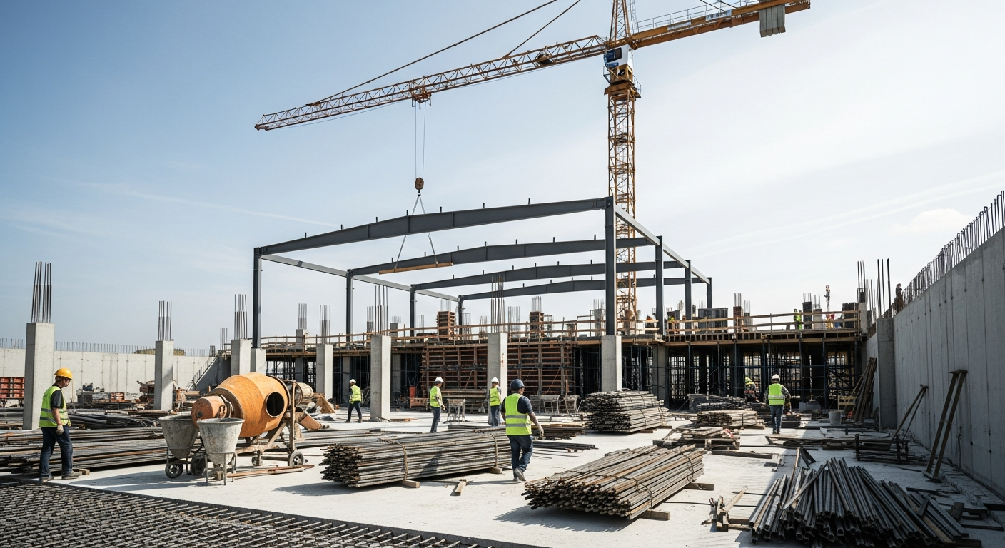 smart concrete A modern construction site with workers installing futuristic-looking concrete panels embedded with sensors and energy-harvesting components, under bright but neutral lighting.