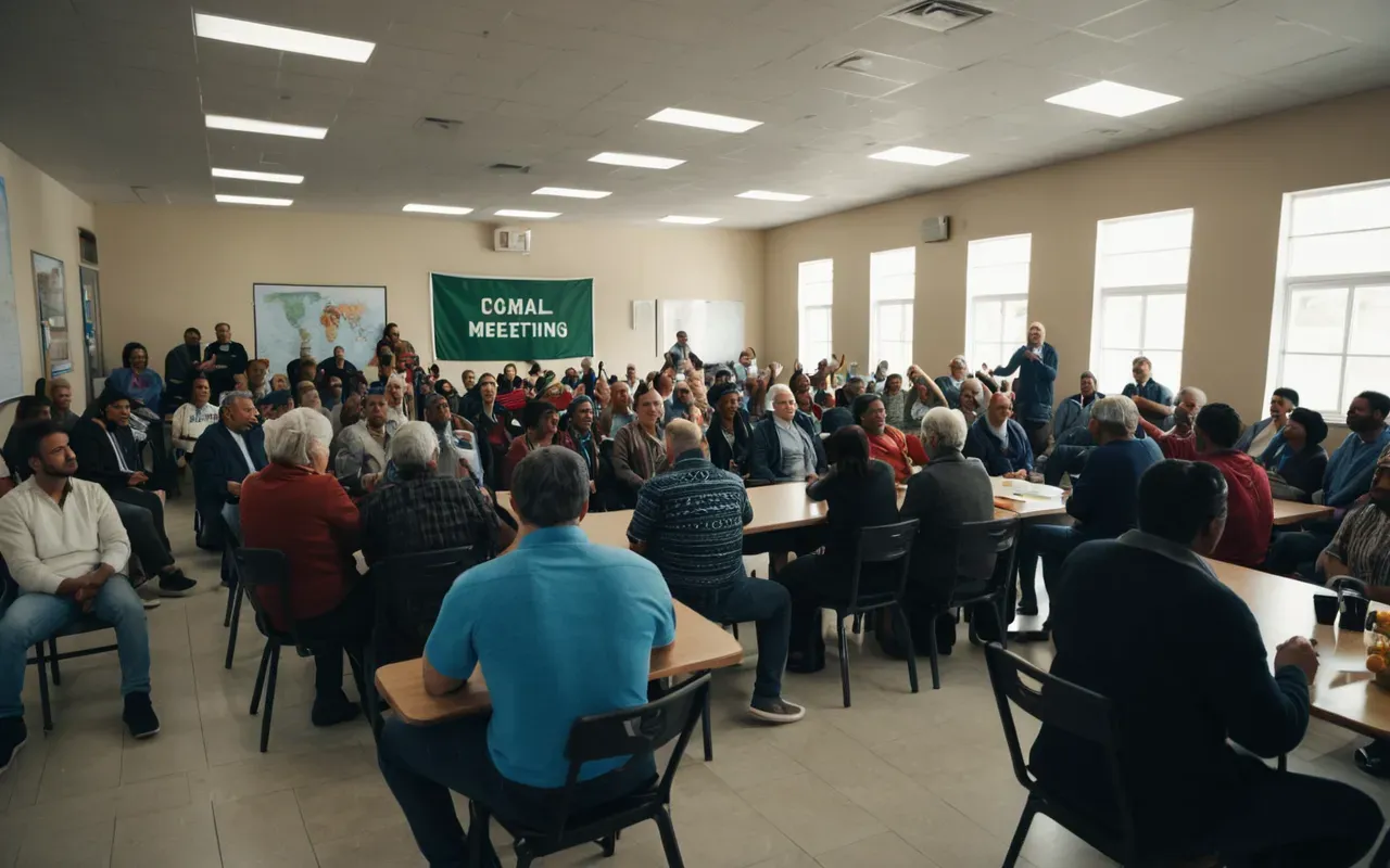 community engagement A photorealistic image of a community meeting in a modern community center, with diverse residents raising hands and speaking. The scene is well-lit and focused on civic engagement. No text, signs, or people with identifiable faces. Neutral setting.