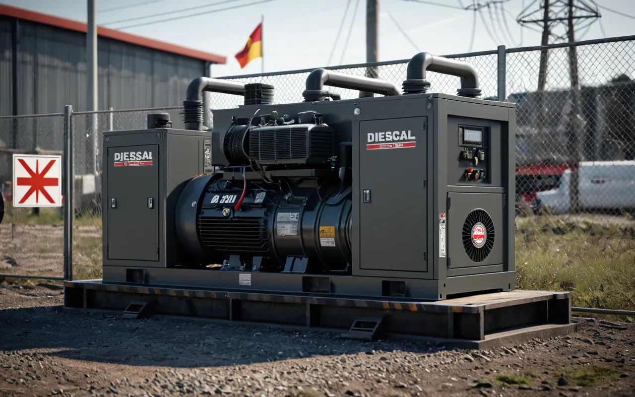 diesel generator A photorealistic image of a large industrial diesel generator in a fenced compound, with power lines in the background. The scene is overcast, highlighting the industrial nature of the equipment. No text, signs, or people visible. Neutral setting.
