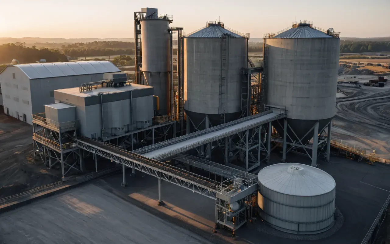 concrete batching plant A photorealistic image of a modern concrete batching plant at dawn, showing large mixing drums, aggregate silos, and conveyor belts. The scene is industrial but clean, with soft morning light illuminating the machinery. No text, signs, or people visible. Neutral setting.