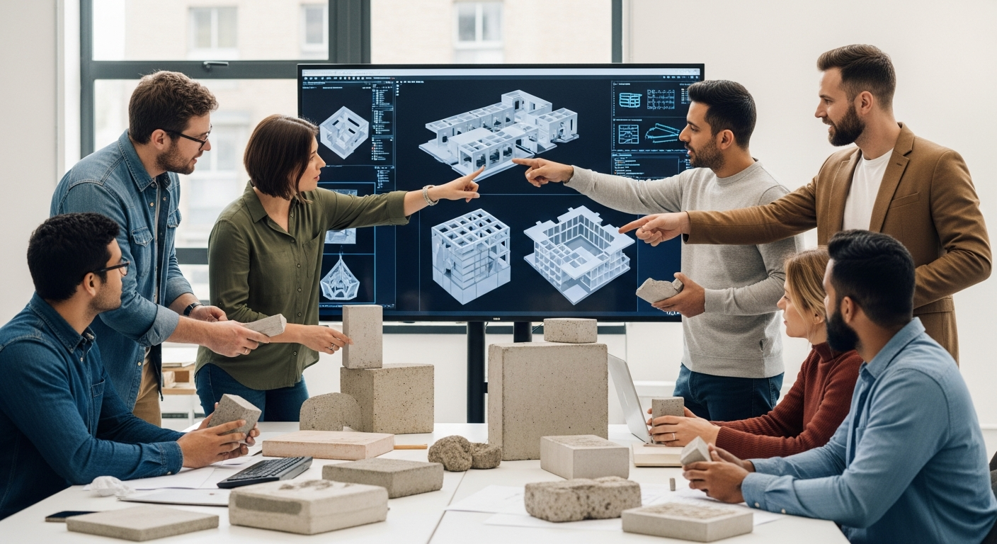 eco-friendly concrete a team of engineers and architects collaborating over digital models and physical samples of eco-friendly concrete structures in a well-lit laboratory setting