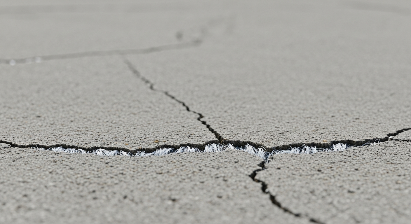 biofibers in concrete Close-up of a concrete surface illustrating tiny cracks with visible embedded biofibers releasing bacteria-triggered mineral deposits in a controlled laboratory setting.