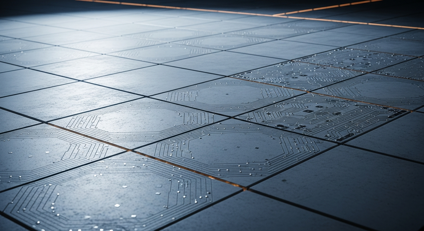 metamaterial concrete Close-up of a high-tech construction floor showing panels of concrete embedded with micro-sensors and conductive materials, illuminated under bright work lighting.
