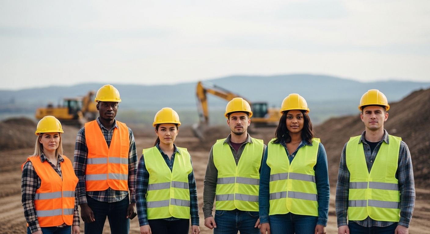 futuristic construction Modern construction workers inspecting a sleek, futuristic concrete wall embedded with biofibers, set in an open industrial yard illuminated under bright daylight.