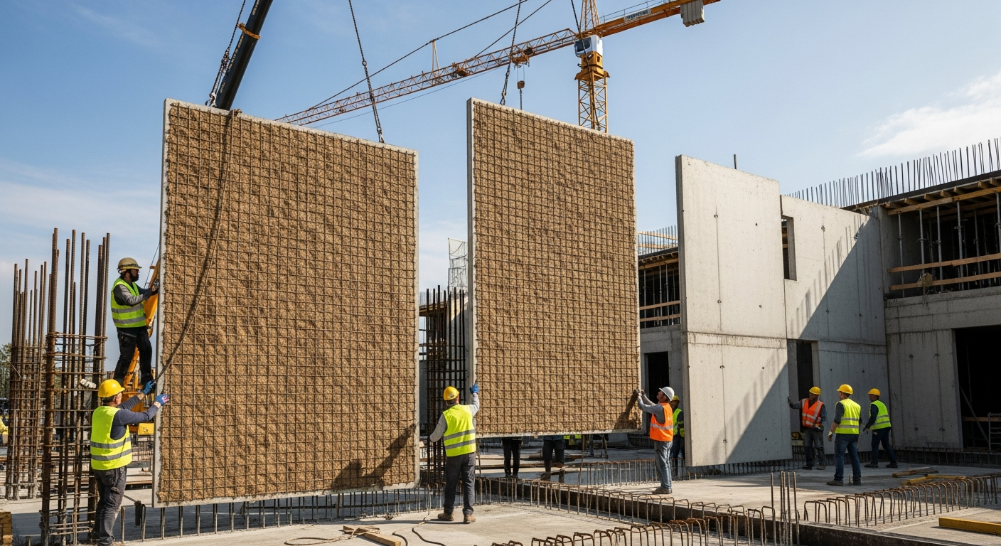 construction site Photorealistic image of a modern construction site with workers installing concrete panels reinforced with biofiber technology, highlighting the integration of new materials in a futuristic setting.