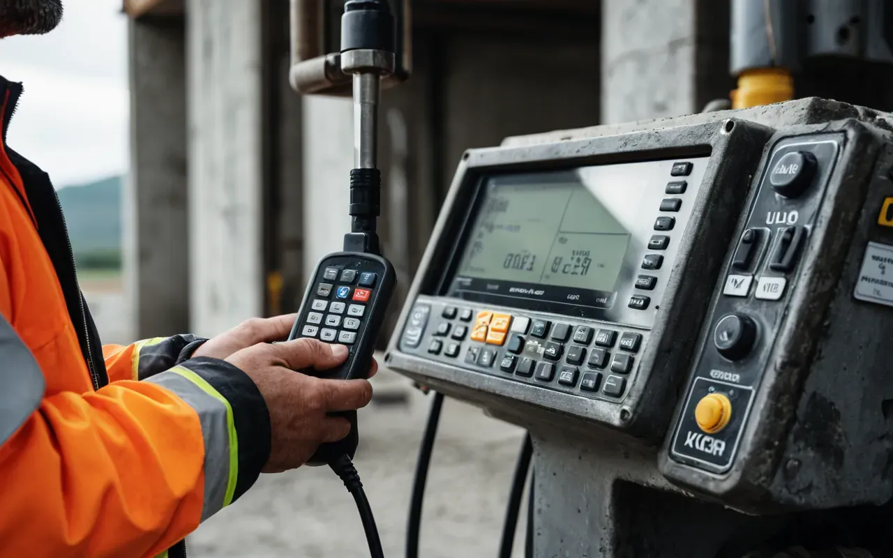 A close-up photo of a rugged concrete pump operator holding a heavy-duty remote control with physical toggle switches, standing near a large tracked concrete mixer pump on a dusty jobsite under bright daylight.