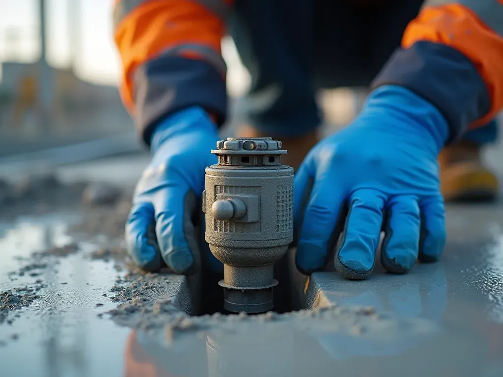 A close-up photo of a rugged industrial sensor device being installed into wet grey concrete by a worker wearing blue gloves and safety gear on a modern construction site with blurred scaffolding in the background under bright daylight.
