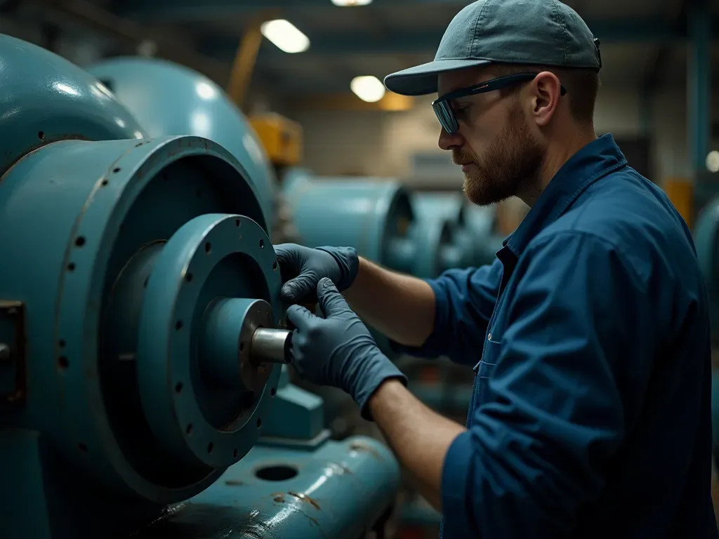 A close-up photo-realistic image of a technician inspecting gears and hydraulic lines on heavy industrial mixing equipment with bright focused lighting highlighting mechanical details.