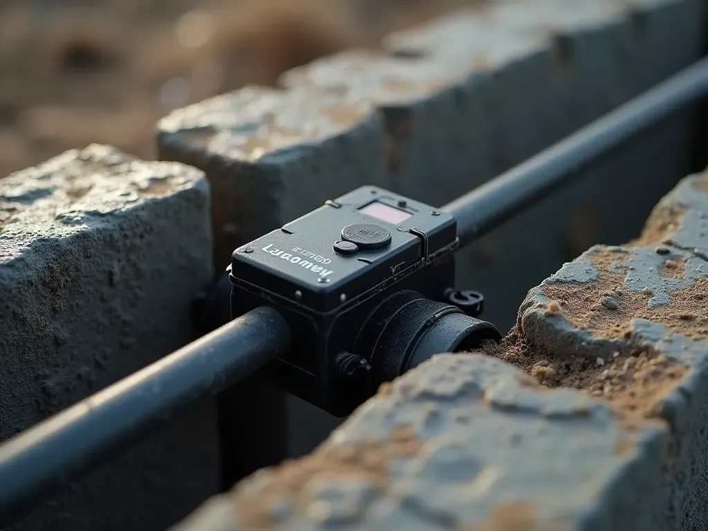 concrete sensors installation A close-up photo-realistic shot of a small black electronic sensor device attached to steel rebar within a wet concrete foundation formwork. The lighting is natural daylight highlighting the texture of the rough aggregate and smooth metal wires.