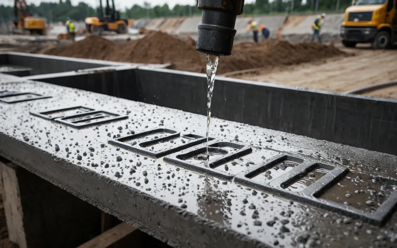 A close-up photo-realistic view of wet concrete being poured into steel forms on a construction site. Bright harsh sunlight reflects off the smooth gray surface creating intense heat haze waves rising from the slab. In the background blurred figures of workers in high-visibility vests move quickly under clear blue sky emphasizing urgent summer conditions.