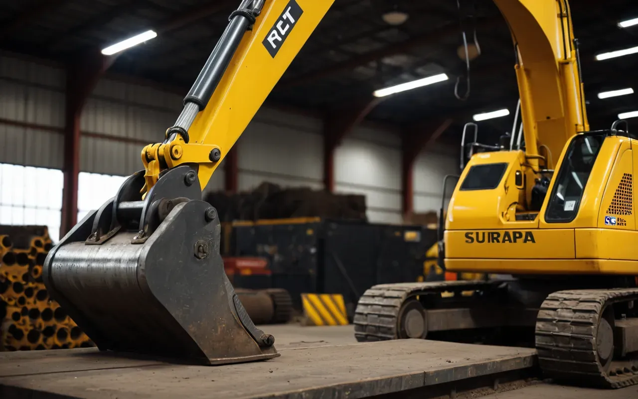 A close-up photograph of a yellow heavy construction excavator arm in a warehouse setting with warm artificial lighting highlighting the hydraulic pistons and metal joints without any visible branding or text.