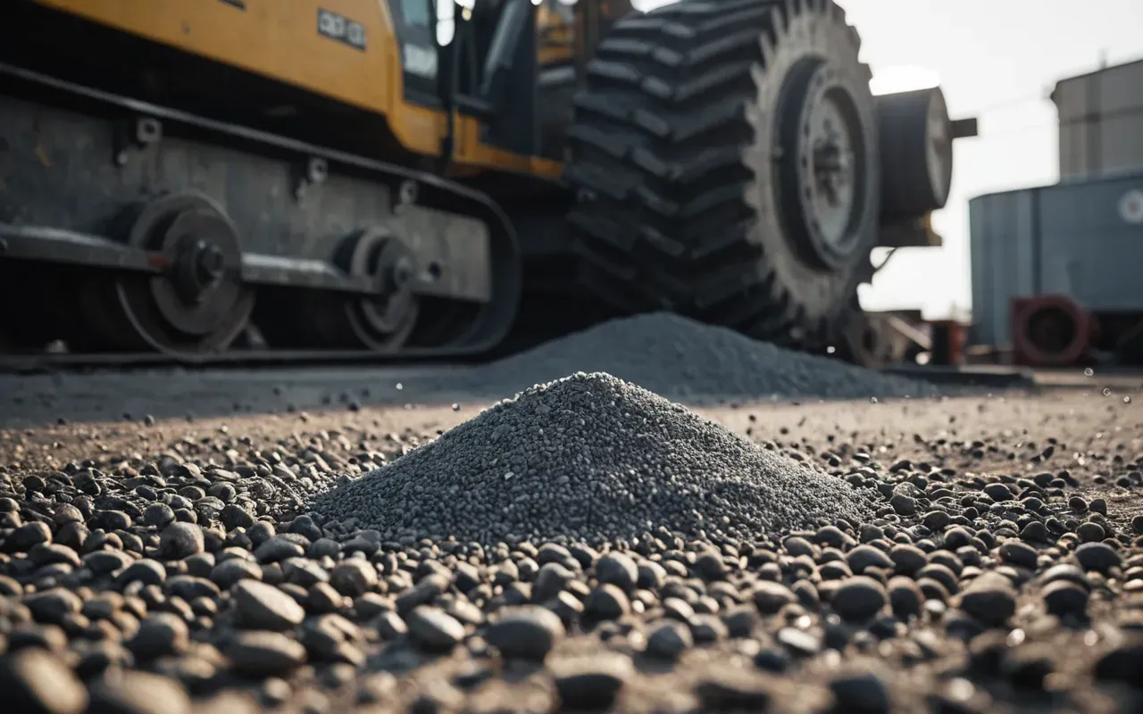 A close-up photorealistic image showing fine gray dust particles suspended in sunlight near industrial heavy machinery equipment with blurred background of modern construction site elements emphasizing air quality concerns without any visible text labels or branding.