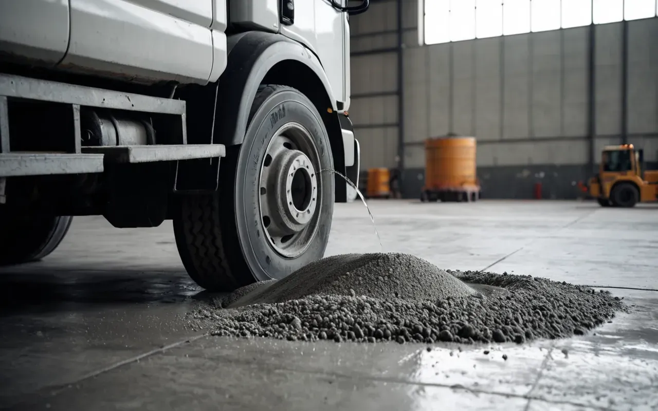 sustainable construction A close-up view of a concrete mixer truck pouring fresh gray cement onto a clean industrial floor. The texture is smooth and wet. Natural daylight illuminates the scene.