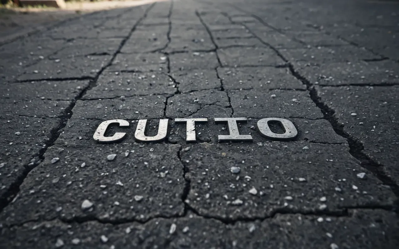 A close-up view of a cracked concrete surface with visible mineral deposits sealing the fracture line under natural daylight.