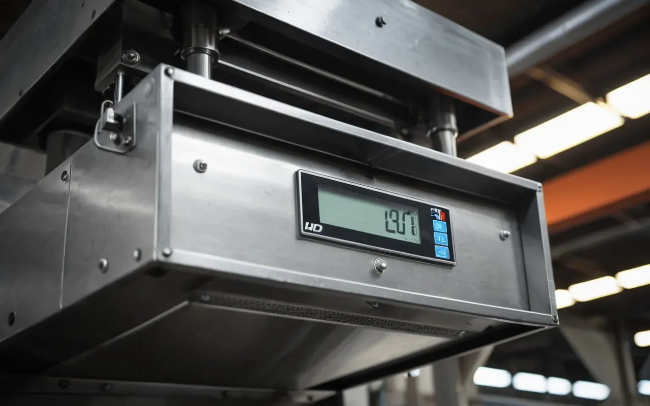 A close up view of a modern industrial weighing hopper with metallic surfaces and bright overhead lighting highlighting the precision mechanisms inside without any visible text or labels.