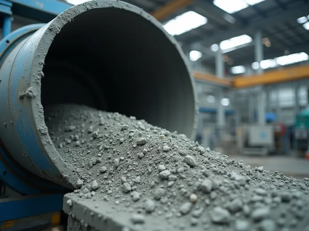 A close up view of a modern industrial mixing drum inside a large warehouse, showing swirling gray cement paste and aggregate under bright overhead lighting, with smooth metallic surfaces and clean concrete flooring, captured in sharp focus with realistic shadows and industrial atmosphere.