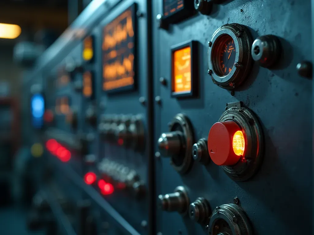 A close up view of a rugged industrial control panel with illuminated push buttons and a mounted tablet displaying clean data graphs. Steel surfaces reflect overhead lighting in a clean facility setting. No readable text or logos.