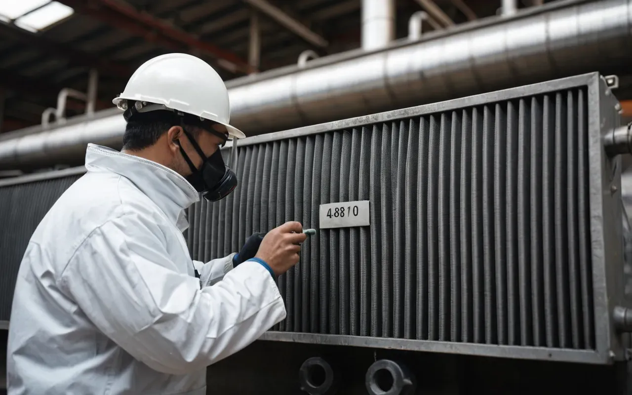 industrial maintenance inspection scene A close up view of a worker in protective gear inspecting a large industrial filter unit. The background is blurred but shows the structure of a factory wall.
