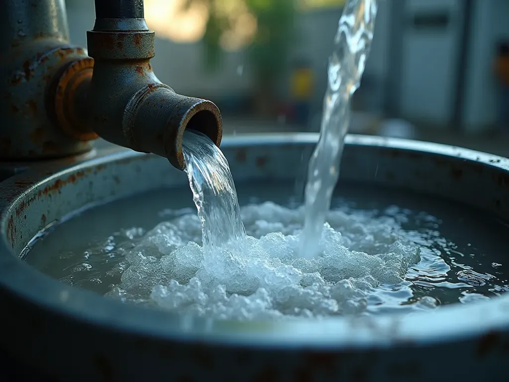 A close view of clear water being pumped from a large industrial tank into a mixing hopper through thick rubber hoses, bright natural daylight highlighting the liquid flow