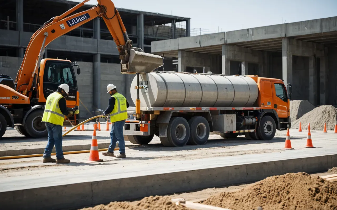 A construction crew in high visibility vests operating a large pump truck pouring concrete into a formwork structure on an urban job site during daytime with clear skies