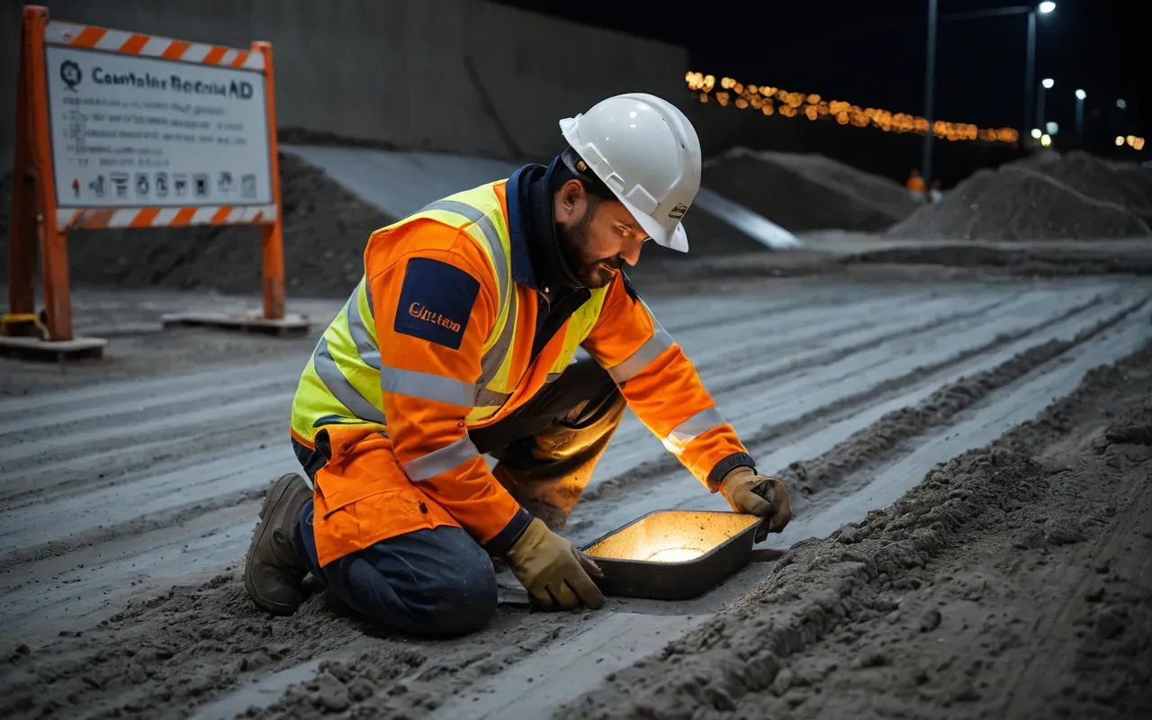 A construction worker in safety gear inspecting a fresh concrete pour with a handheld device under evening site lighting.