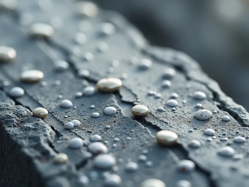 A detailed cross section view of gray concrete material showing small bright white mineral nodules embedded evenly throughout the dense matrix, with soft directional lighting highlighting the texture and depth, set against a neutral studio background with clean composition and realistic material rendering.