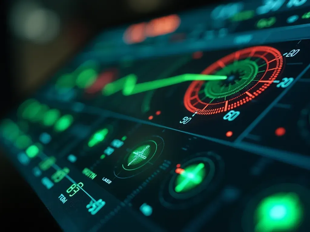 A detailed macro shot of a modern digital control panel displaying live green and red indicator lights alongside graphs showing temperature curves for concrete curing processes inside an industrial batching plant control room with soft blue ambient lighting.