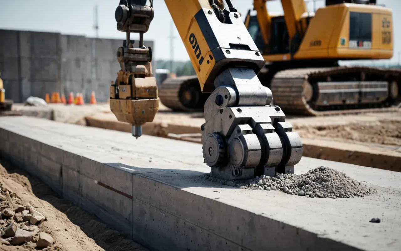 A detailed photo-realistic close-up of a robotic arm precisely placing concrete onto a construction site foundation. The robot features sleek metallic surfaces with red safety lights glowing softly against dusty background haze. Human operators monitor controls from safe distance wearing protective gear ensuring accuracy while advanced sensors scan surroundings continuously.