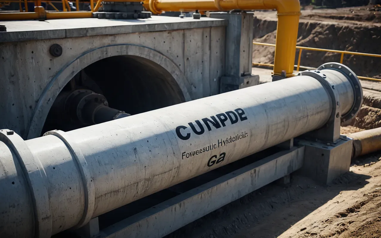 A detailed technical illustration of a heavy-duty concrete pump hydraulic cylinder showing smooth concrete flow through a pipeline, set against a clean industrial background with soft overhead lighting.