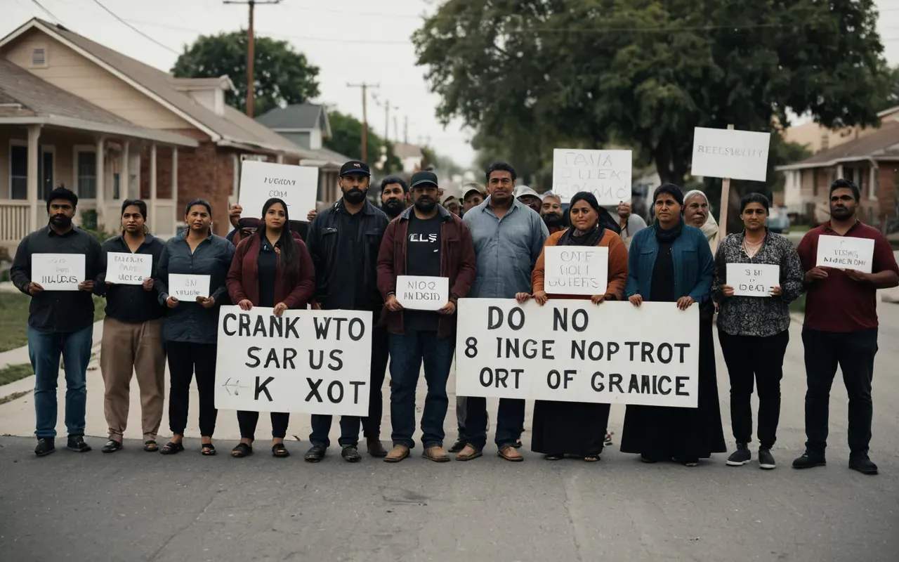 A diverse group of community members standing together in a residential neighborhood holding signs with no text visible emphasizing unity and protest against industrial expansion near their homes during daylight hours.