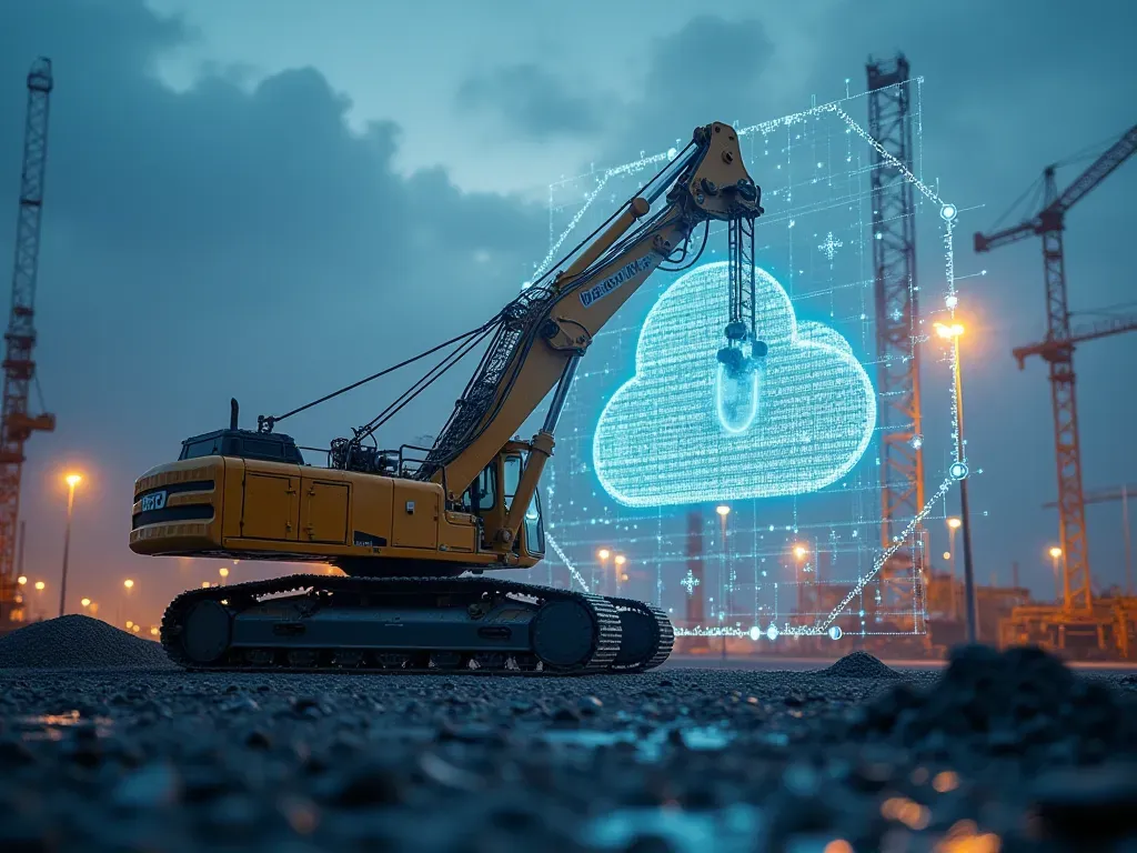 construction industry future A futuristic concept photo of a modern construction site with digital data streams visually connecting heavy equipment to cloud servers. The scene emphasizes technology integration in concrete production.