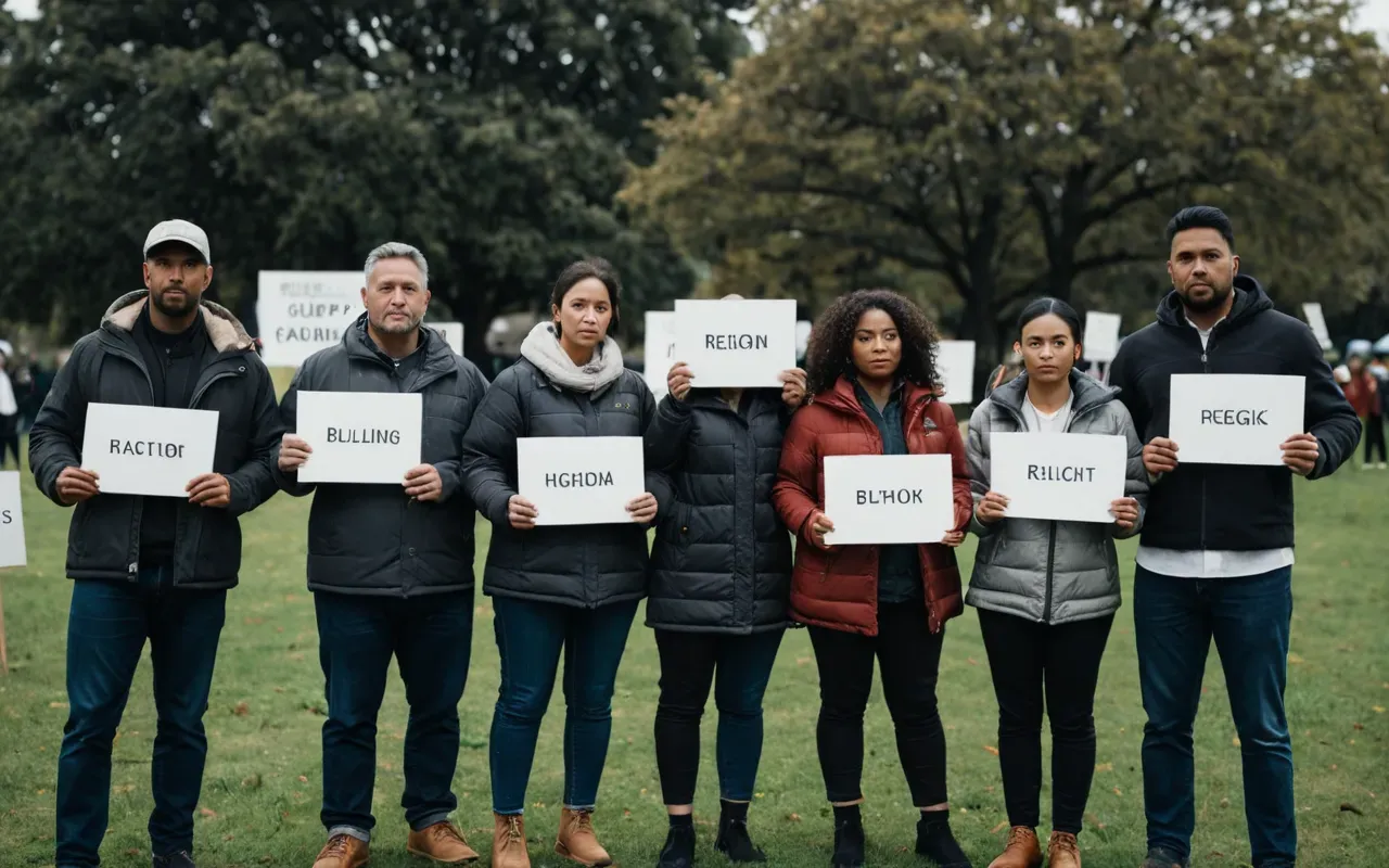 community protest solidarity scene A group of diverse adults standing together in a park holding white signs. They look determined but peaceful under an overcast sky.
