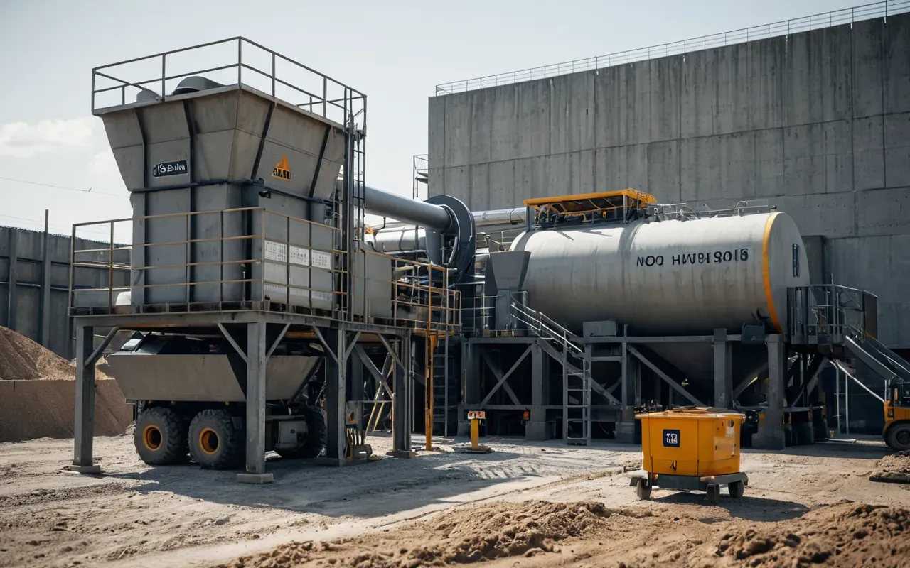 A high-quality photorealistic image depicting advanced modular concrete batching equipment situated on temporary foundations surrounded by clean modern urban development projects emphasizing technological innovation without displaying any textual information.