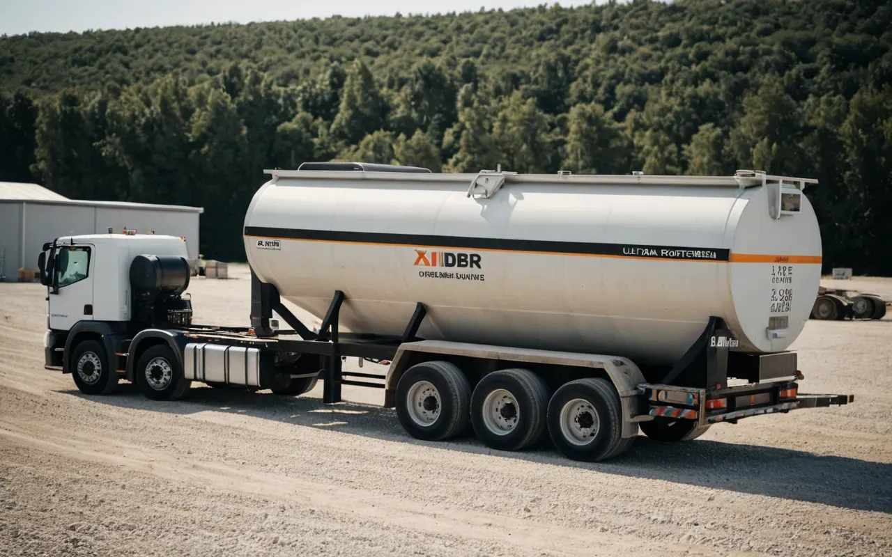 A large modern mobile concrete batching trailer parked on a flat gravel lot, featuring a long rectangular chassis and multiple cylindrical hoppers under an overcast sky, clean industrial aesthetic with muted grey and beige tones in the background landscape.