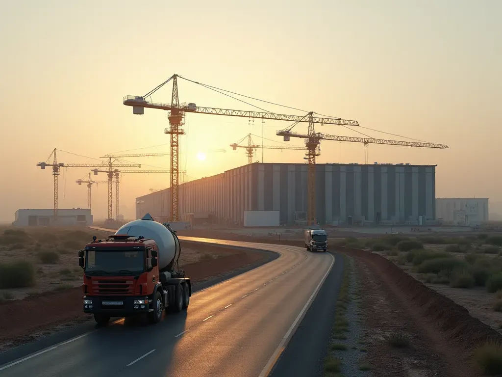 data center construction A massive modern data center facility under construction at dawn with heavy cranes and concrete trucks moving along a paved access road in an open industrial landscape.