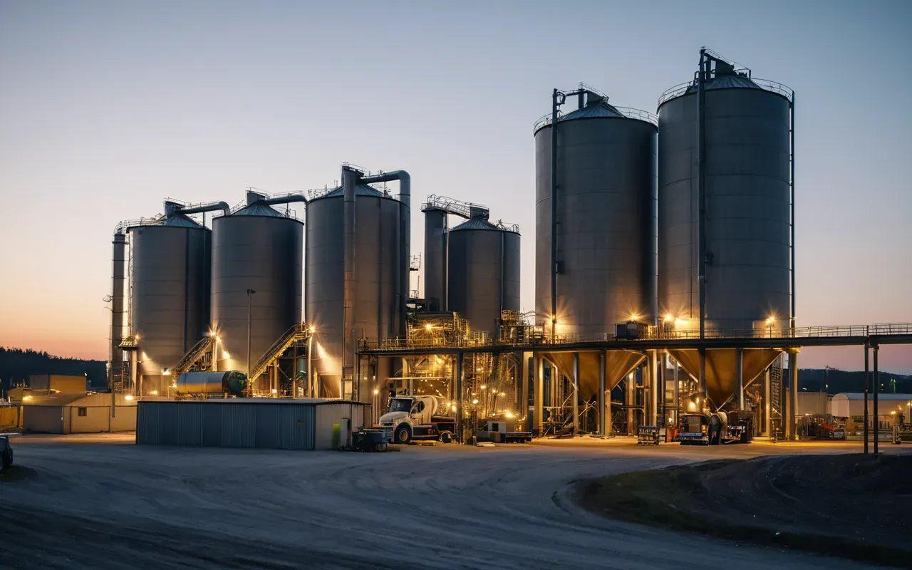 A modern concrete batching plant facility operating at dusk with bright industrial lights illuminating silos and mixers surrounded by quiet residential neighborhoods in the background showing the contrast between heavy industry and homes.