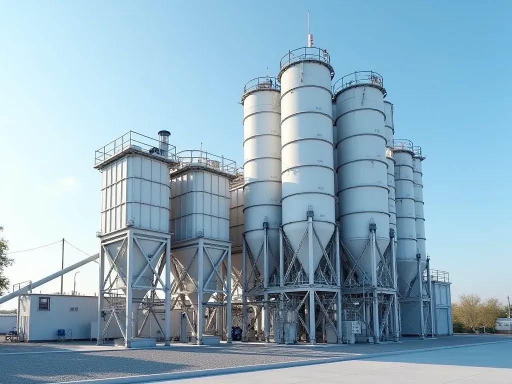 A modern concrete batching plant with large silos and mixing drums under a clear blue sky showing industrial equipment in operation without any people or text visible.