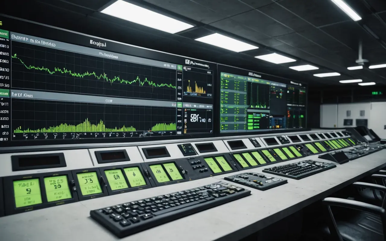 concrete production efficiency A modern concrete plant control room with a large digital dashboard displaying real-time data graphs and green status indicators. The lighting is bright and clean. No text or logos are visible on the screens.