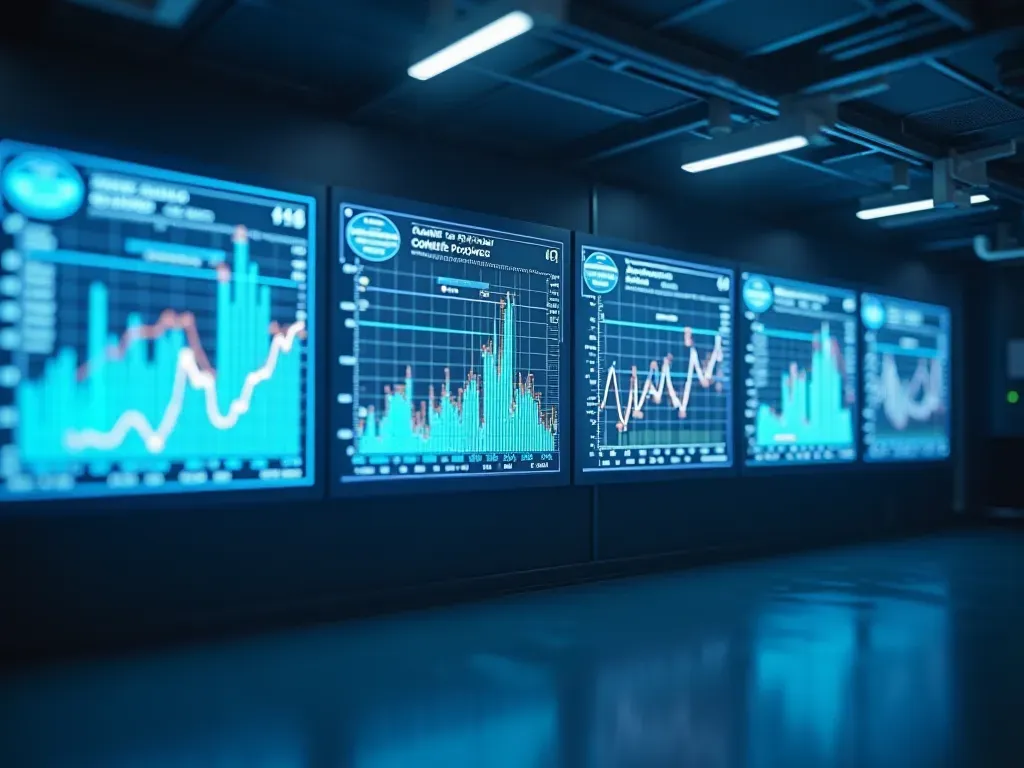 A modern control room with large screens displaying real time data graphs of concrete mixing processes, clean white and blue color palette, soft ambient lighting