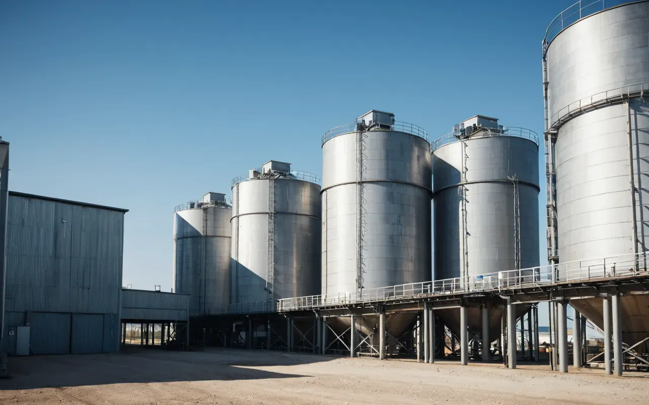 industrial facility dust emission visual A modern industrial facility with large cylindrical silos and conveyor belts against a clear blue sky. A subtle haze of white dust drifts from the top vents into the air.