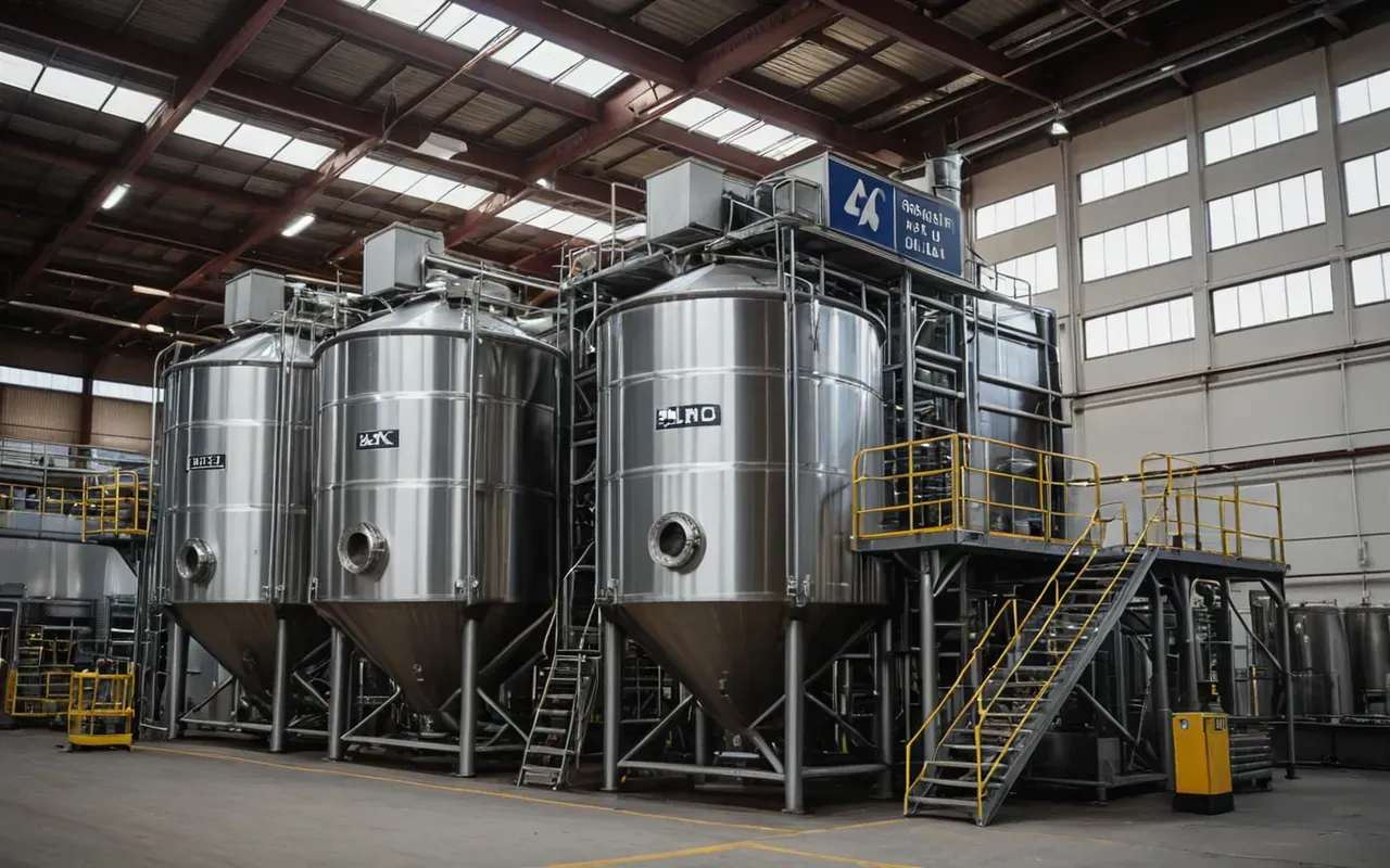A modern industrial mixing facility with large rotating drums and steel chutes under bright overhead lighting showing active production.