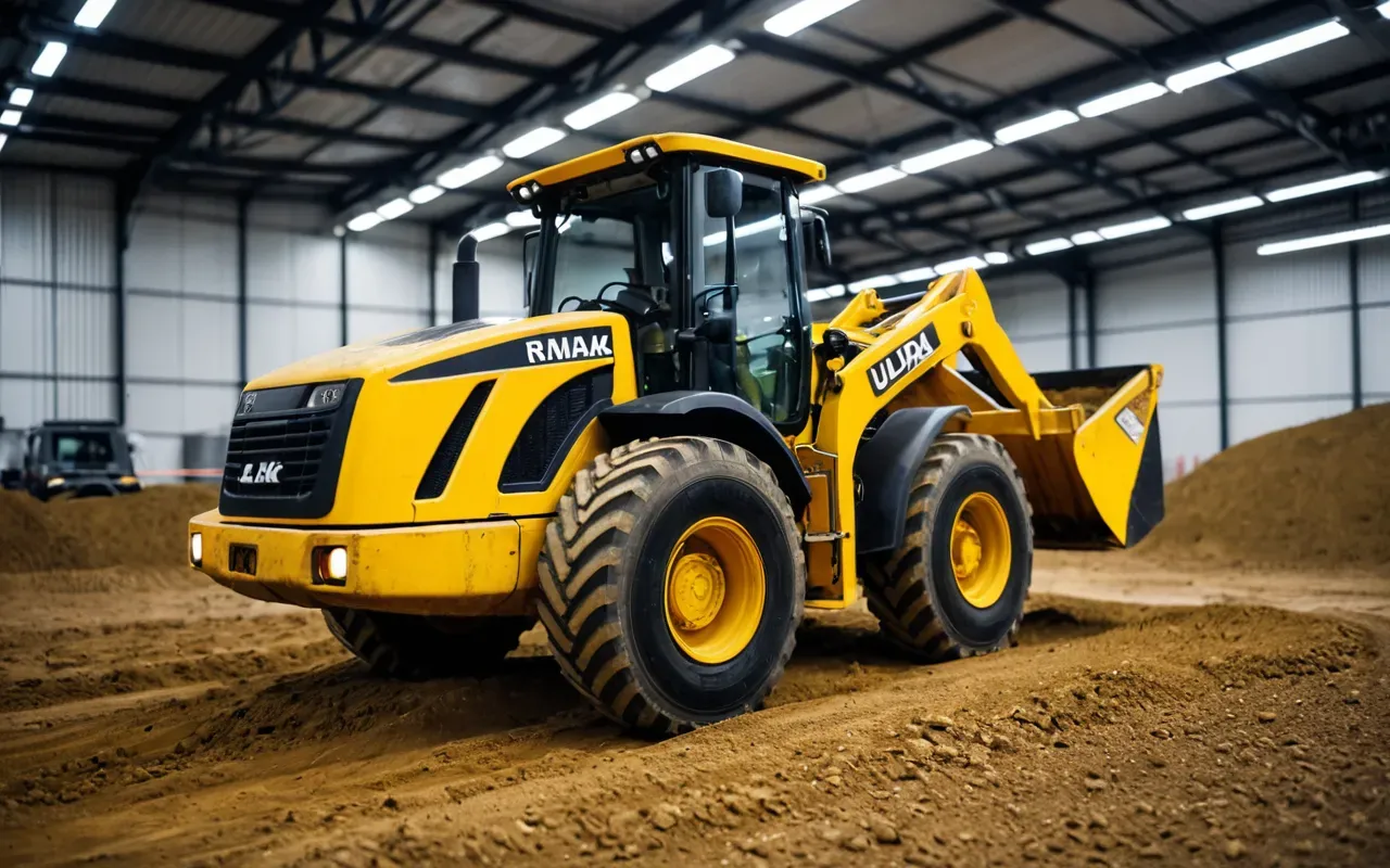 A modern industrial testing facility interior with a small yellow compact loader driving on simulated dirt terrain under bright fluorescent lights surrounded by metal safety rails and observation windows without any visible people or text.