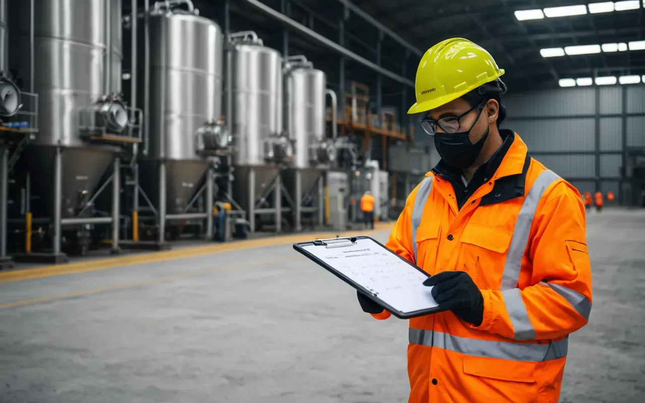 A person wearing high visibility safety gear holding a clipboard near industrial mixing equipment, standing on a clean concrete floor with blurred background machinery under soft diffused studio lighting, professional corporate photography style capturing focus and attention to detail.
