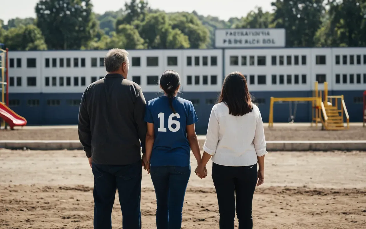 A photorealistic scene of concerned parents standing near a modern international school playground holding hands and looking towards large industrial construction equipment emitting visible dust clouds in the background under bright daylight with natural shadows and clear blue sky without any text or signage.