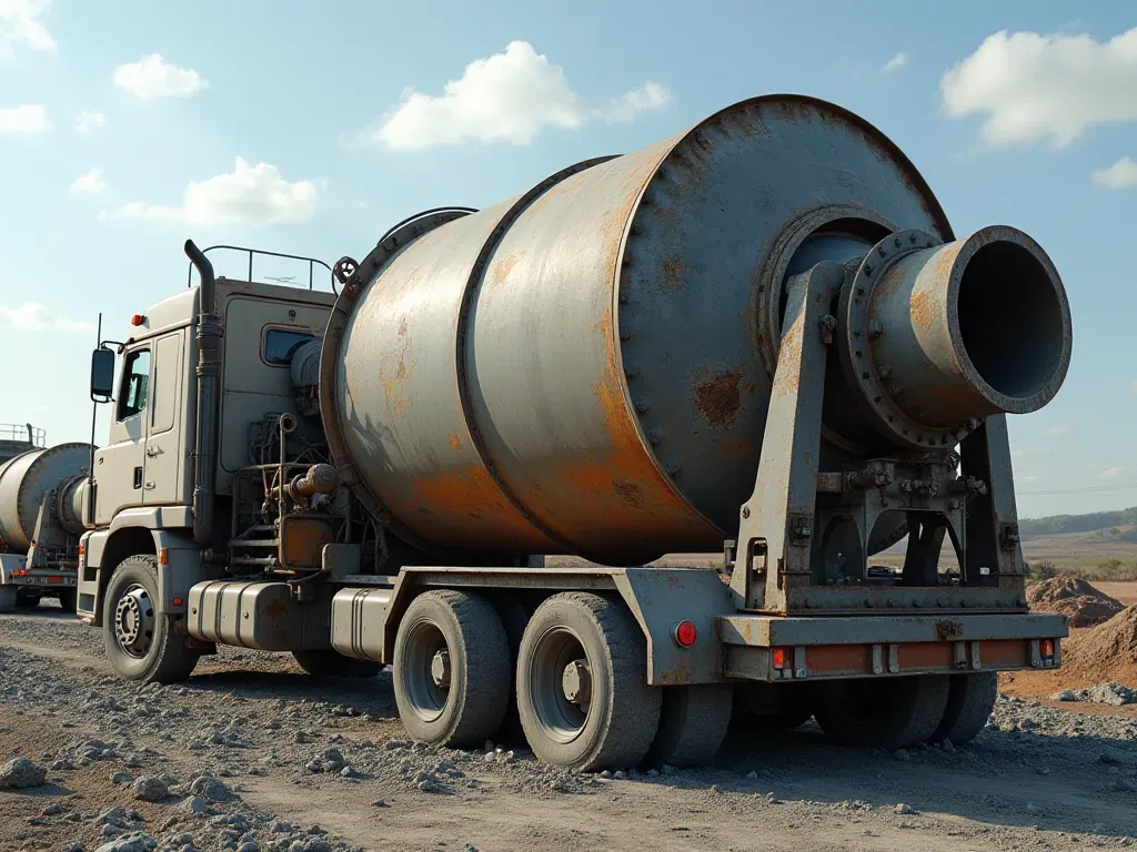 A photorealistic side view of a large automated concrete mixer drum rotating smoothly on an industrial site with clean metallic surfaces reflecting bright overhead fluorescent lights.