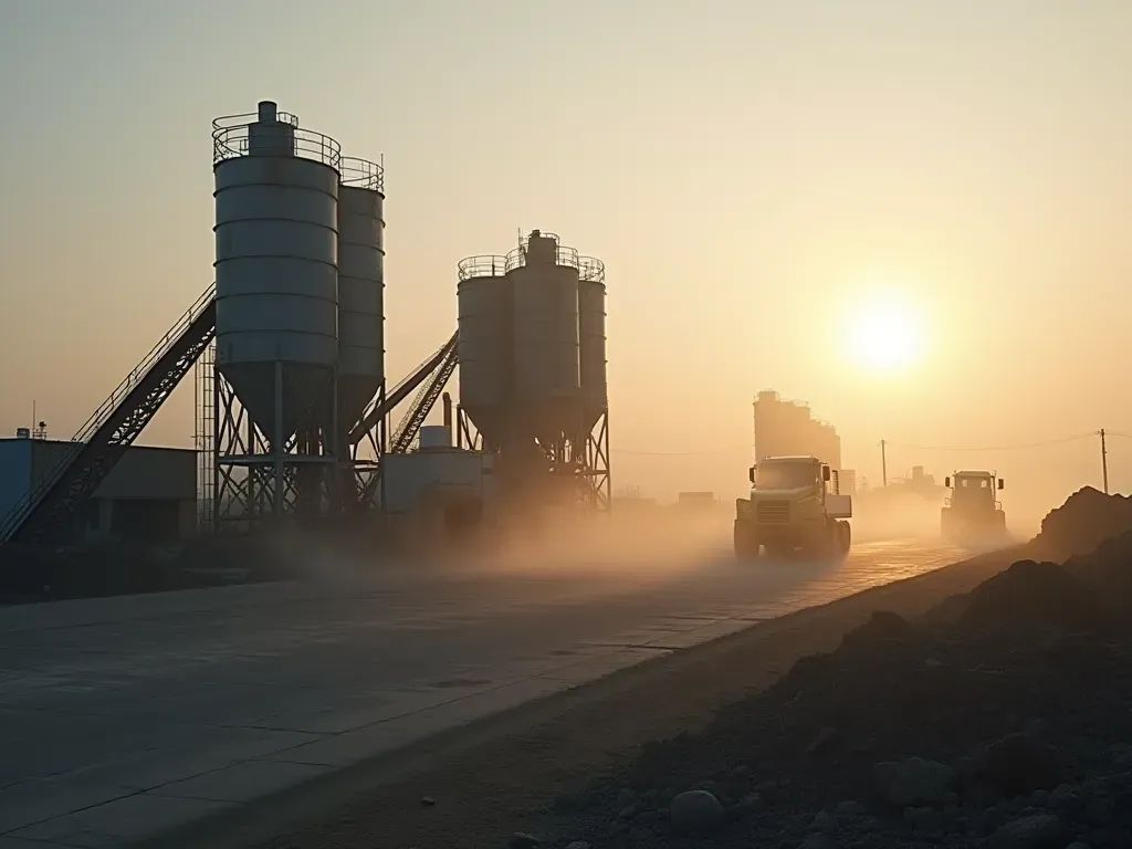 A photorealistic wide shot of a modern concrete batching plant at dawn with mist rising from the mixer drums and heavy equipment silhouettes in the background under soft orange sunlight.