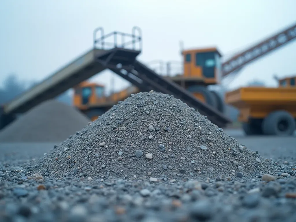 A pile of gray crushed stone aggregate in an open yard with a metal conveyor belt running overhead, overcast sky providing even diffuse lighting