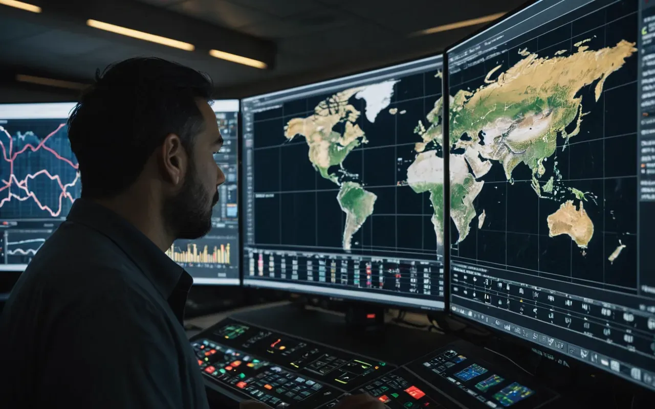 A professional engineer looking at a large wall of monitors displaying maps with moving vehicle icons and data graphs in a dimly lit control center room