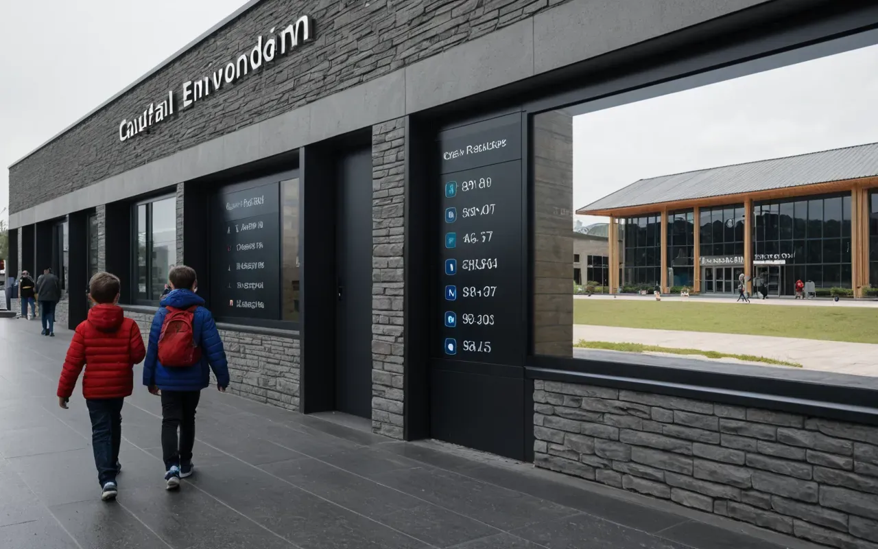 A realistic photograph showing a modern educational building exterior with children playing safely inside while adults monitor digital displays indicating environmental metrics nearby amidst calm suburban surroundings without any readable text on screens.